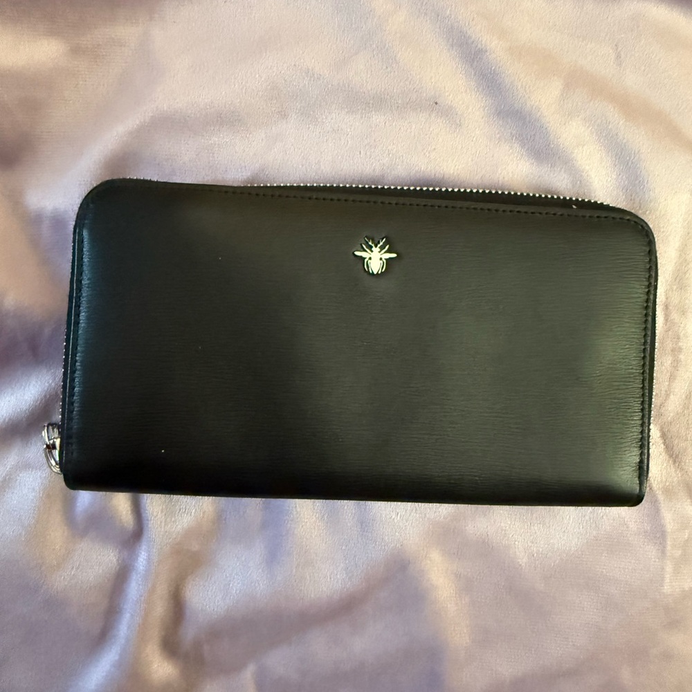 Dior Black Zip-Around Leather Wallet with Silver Bee Accent